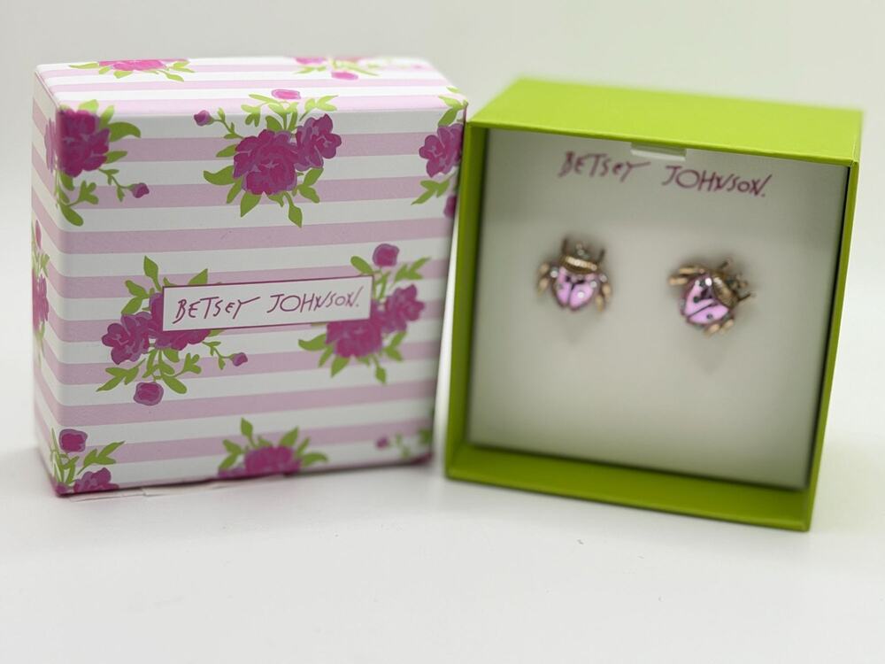 Betsey Johnson Pink Ladybug Stud Earrings With Gift Box